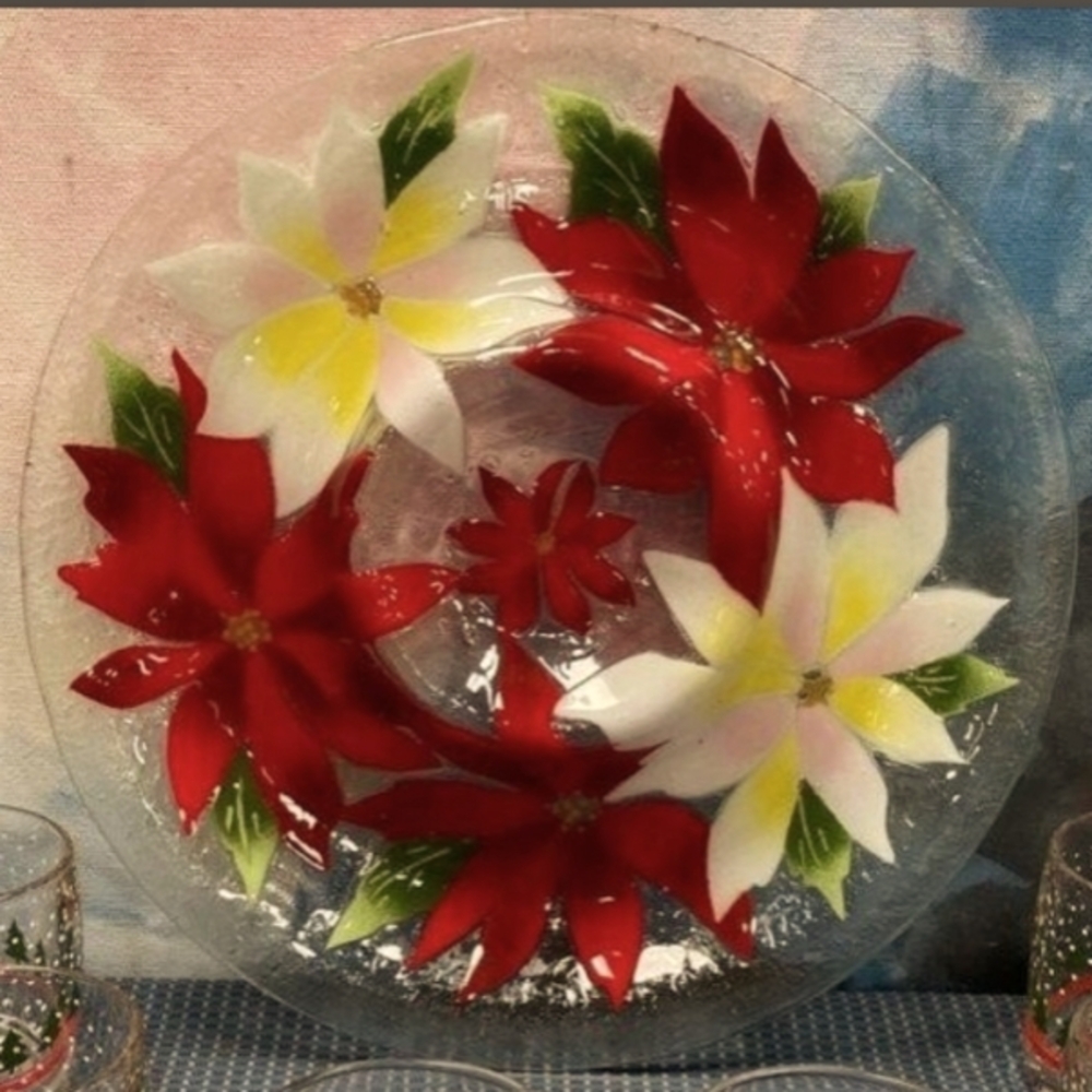 Fusion Art Glass 13" Christmas Poinsettia Chip & Dip Server